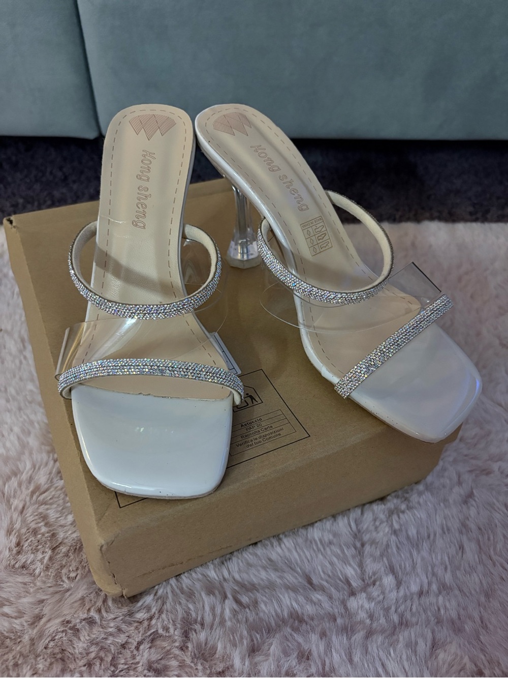 White Clear Strap Crystal kitten Heels